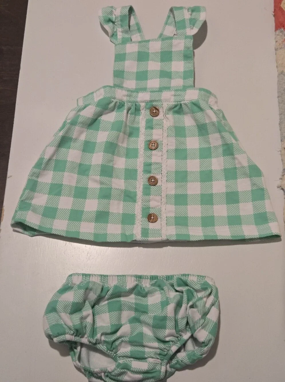 Wonder Natio Mint Green/White Gingham Dress/Bloomers Matching Set 12M